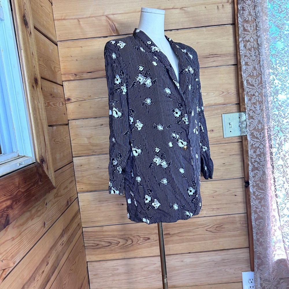 Vintage Shacket Womens Size 16 Black White Floral Striped Rayon Blouse Mr. K